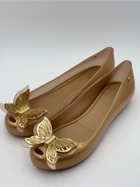 Melissa Gold Ballet Flats with Metallic Butterfly Accent
